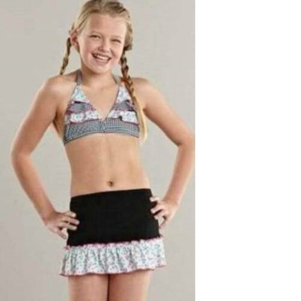 Girls Swimsuit 16 Black Green Cherry 3 Pc Bikini Bottoms, Skirt, Coverup Candies